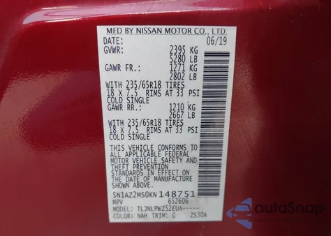 2019 Nissan Murano S from USA, damaged, VIN 5N1AZ2MS0KN148751